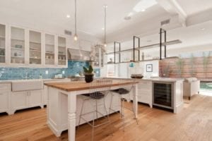 Transitional Kitchen with Blue Subway Tile Backsplash