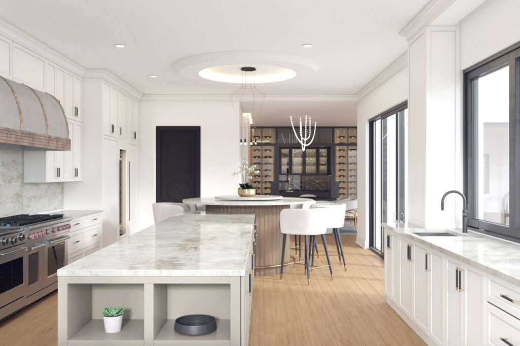 Elegant kosher kitchen in NYC with white cabinetry, marble countertops, double sinks, and a spacious island, designed for separate meat and dairy preparation in compliance with Jewish dietary laws