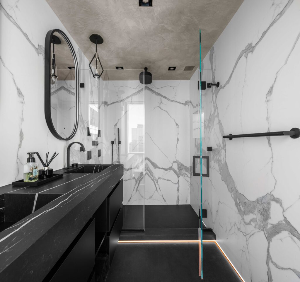 Luxury shower after transformation from bathtub.