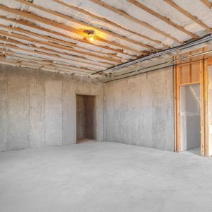 Panorama frame Interior of new home room under construction. The interior of a new home room under construction showing studs and insulation.