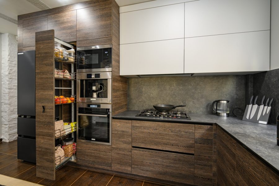 Modern luxury large dark brown, gray and black kitchen details Modern luxurious Kitchen- brownstone renovation
