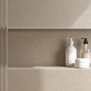 Mock up of shampoo, soap bottle in recessed wall shelf, shower niche, reeded glass partition in brown wall bathroom in sunlight for luxury beauty body care, hair care, toiletries product background 3D