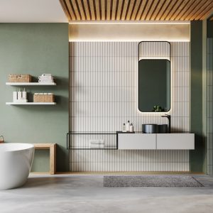 Modern minimalist bathroom interior with freestanding bathtub, vanity unit, mirror, shelves, and natural sunlight. Japandi-inspired cozy design with green accent wall, wooden ceiling, and elegant accessories. 3D render